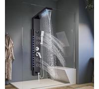Five-Mode Shower Panel, LED Shower Tower with Rainfall, Waterfall, Dual Massage Spray Heads, Bathtub Outlet & Handheld Showerhead, Matte Black Finish