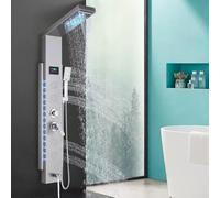 Five-Mode Shower Panel, LED Shower Tower with Rainfall, Waterfall, Dual Massage Spray Heads, Bathtub Outlet & Handheld Showerhead, Brushed Silver Finish