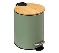 Five - Pattumiera da bagno in metallo, colore verde cachi e coperchio in bambù, 3 litri