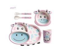 (Five.piece.set.with.box,Model.Pink.Cow)Creative New Bamboo Fiber Kids Dinnerware Set Five Piece Set Kindergarten Baby