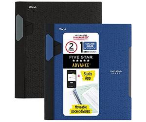 Five Star Advance 820112 - Quaderni a spirale + app per studio, confezione da 2, 1 soggetto, carta a righe universitarie, 28 x 21 cm, 100 fogli, con protezione a spirale e divisori mobili, nero, blu
