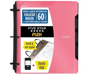 Five Star Flex 293260R - Quaderno ricaricabile con anelli da 2,5 cm, con tasche, linguette e divisori, capacità 220 fogli, include 60 fogli di carta a righe da 21,6 x 27,9 cm, colore: rosa