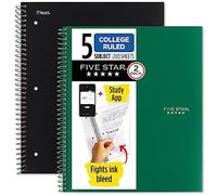 Five Star Quaderni a spirale + app per lo studio, confezione da 2, 5 soggetti, carta a righe universitarie, 200 fogli, copertina resistente all'acqua, nero, verde (820190)