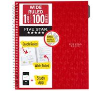 Five Star Quaderno a spirale + app per studio, 1 soggetto, a righe larghe 20,3 x 26,7 cm, con set di 4 strumenti matematici, 100 fogli, rosso (620025B)