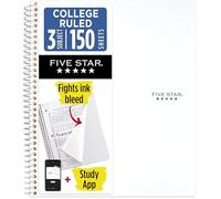 Five Star Quaderno a spirale + app per studio, 3 soggetti, carta a righe universitaria, combatte lo spurgo dell'inchiostro, copertina impermeabile, 21 x 28 cm, 150 fogli, bianco (72464)