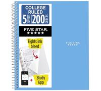 Five Star Quaderno a spirale + app per studio, 5 soggetti, carta a righe universitaria, combatte lo spurgo dell'inchiostro, copertina impermeabile, 200 fogli, blu (73635)