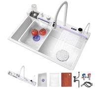 FIVIXIL Lavello da cucina Lavello a doppia cascata Whale con display LED con lavatazze, dispenser di sapone, miscelatore a cascata, comandi da banco, ecc. (90 * 50 * 22cm, Bianco)