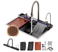 FIVIXIL Lavello da cucina Lavello a doppia cascata Whale con display LED con lavatazze, dispenser di sapone, miscelatore a cascata, comandi da banco, ecc. (85 * 46 * 22cm, Grigio Canna Di Fucile)