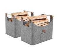 FIVMEN 2 X sacchetti in feltro per legna da ardere pieghevole con feltro extra spesso e manico in legno rinforzato, cestino per la spesa in legno, giornali, colore grigio medio