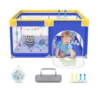 FIVMEN Box per bambini, 127 x 127 cm, con 50 palline da gioco, 1 griglia per gattonare e 4 anelli per bambini, piccolo box per bambini, blu