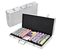 FIVMEN Set da poker da poker da 500 chip, con 500 chip da poker laser, 2 ponti da poker, 3 bottoni per dealer e 5 dadi con valigetta in alluminio, argento