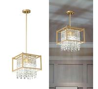 Fixture, 66cm Square Industrial Farmhouse Chandelier, Black Metal Crystal Pendant Light for Kitchen Island, Dining Living Room, Flat And Inclined Ceilings(Gold,Square-30CM)