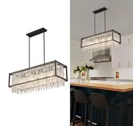 Fixture, 66cm Square Industrial Farmhouse Chandelier, Black Metal Crystal Pendant Light for Kitchen Island, Dining Living Room, Flat And Inclined Ceilings(Black,Square-90CM)