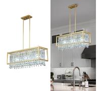 Fixture, 66cm Square Industrial Farmhouse Chandelier, Black Metal Crystal Pendant Light for Kitchen Island, Dining Living Room, Flat And Inclined Ceilings(Gold,Square-78CM)