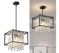 Fixture, 66cm Square Industrial Farmhouse Chandelier, Black Metal Crystal Pendant Light for Kitchen Island, Dining Living Room, Flat And Inclined Ceilings(Black,Square-30CM)