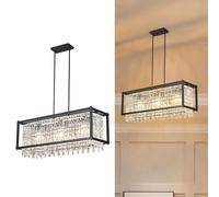 Fixture, 66cm Square Industrial Farmhouse Chandelier, Black Metal Crystal Pendant Light for Kitchen Island, Dining Living Room, Flat And Inclined Ceilings(Black,Square-78CM)