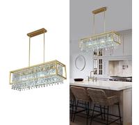 Fixture, 66cm Square Industrial Farmhouse Chandelier, Black Metal Crystal Pendant Light for Kitchen Island, Dining Living Room, Flat And Inclined Ceilings(Gold,Square-90CM)