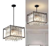 Fixture, 66cm Square Industrial Farmhouse Chandelier, Black Metal Crystal Pendant Light for Kitchen Island, Dining Living Room, Flat And Inclined Ceilings(Black,Square-40CM)
