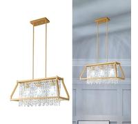 Fixture, 66cm Square Industrial Farmhouse Chandelier, Black Metal Crystal Pendant Light for Kitchen Island, Dining Living Room, Flat And Inclined Ceilings(Gold,Trapezoid-66CM)
