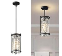 Fixture, 66cm Square Industrial Farmhouse Chandelier, Black Metal Crystal Pendant Light for Kitchen Island, Dining Living Room, Flat And Inclined Ceilings(Black,Round-16CM)