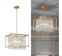 Fixture, 66cm Square Industrial Farmhouse Chandelier, Black Metal Crystal Pendant Light for Kitchen Island, Dining Living Room, Flat And Inclined Ceilings(Gold,Square-40CM)
