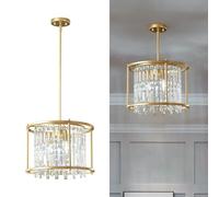 Fixture, 66cm Square Industrial Farmhouse Chandelier, Black Metal Crystal Pendant Light for Kitchen Island, Dining Living Room, Flat And Inclined Ceilings(Gold,Round-40CM)