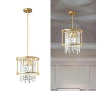 Fixture, 66cm Square Industrial Farmhouse Chandelier, Black Metal Crystal Pendant Light for Kitchen Island, Dining Living Room, Flat And Inclined Ceilings(Gold,Square-16CM)