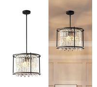 Fixture, 66cm Square Industrial Farmhouse Chandelier, Black Metal Crystal Pendant Light for Kitchen Island, Dining Living Room, Flat And Inclined Ceilings(Black,Round-40CM)