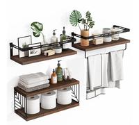Fixwal Mensole da bagno a parete a 3 + 1 ripiani, sopra il WC, mensole sospese in legno rustico con struttura in metallo e barra portasciugamani per bagno, cucina, camera da letto, soggiorno (marrone