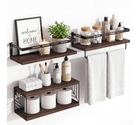 Fixwal Mensole da bagno a parete a 3 + 1 ripiani, sopra il WC, mensole sospese in legno rustico con struttura in metallo e barra portasciugamani per bagno, cucina, camera da letto, soggiorno (marrone