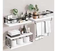 Fixwal Mensole da bagno da parete sopra il WC, mensole sospese in legno rustico con struttura in metallo e barra portasciugamani per bagno, cucina, camera da letto, soggiorno (bianco)