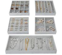 Fixwal Set di 5 organizer per gioielli da 35,6 cm, vassoi impilabili per cassetti, gioielli per orecchini, collane, bracciali, orologi, con divisore rimovibile, grigio
