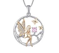 FJ Collana Angelo Donna Argento 925 Collana con Ciondolo Elfo Fata Farfalla Collana Albero della Vita Collana Ottobre Pietra Portafortuna Tormalina Rosa Gioielli Regalo per Donna