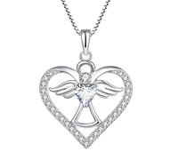 FJ Collana Cuore Angelo Custode Argento 925 Collana con Ciondolo Ala d'Angelo Collana Aprile Pietra Portafortuna Zirconia Cubica Gioielli Regalo per Donna