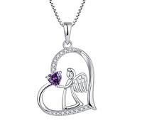 FJ Collana Cuore Angelo Custode Argento 925 Collana con Ciondolo Ala d'Angelo Collana Febbraio Pietra Portafortuna Ametista Gioielli Regalo per Donna