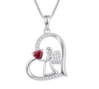 FJ Collana Cuore Angelo Custode Argento 925 Collana con Ciondolo Ala d'Angelo Collana Luglio Pietra Portafortuna Rubino Gioielli Regalo per Donna