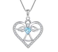FJ Collana Cuore Angelo Custode Argento 925 Collana con Ciondolo Ala d'Angelo Collana Marzo Pietra Portafortuna Acquamarina Gioielli Regalo per Donna