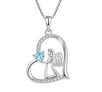 FJ Collana Cuore Angelo Custode Argento 925 Collana con Ciondolo Ala d'Angelo Collana Marzo Pietra Portafortuna Acquamarina Gioielli Regalo per Donna