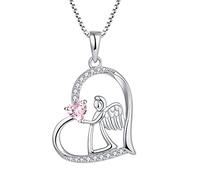FJ Collana Cuore Angelo Custode Argento 925 Collana con Ciondolo Ala d'Angelo Collana Ottobre Pietra Portafortuna Tormalina Rosa Gioielli Regalo per Donna