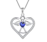 FJ Collana Cuore Angelo Custode Argento 925 Collana con Ciondolo Ala d'Angelo Collana Settembre Pietra Portafortuna Spinello Blu Gioielli Regalo per Donna