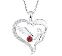 FJ Collana Cuore Angelo Custode Argento 925 Donna Collana con Ciondolo Ala d'Angelo Collana Luglio Pietra Portafortuna Rubino Gioielli Regalo per Donna