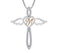 FJ Collana Lettera M Argento 925 Donna Collana con Ciondolo Angelo Custode Collana Iniziale Alfabeto con Zirconia Cubica Gioielli Regalo per Donna