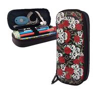 FJAUOQ Cool Skull Head and Roses Pencil Case Grande Capacità Astuccio in Pelle Astuccio Portamatite Portatile con Cerniera per Organizzatore Ufficio, Nero , Taglia unica, Astuccio