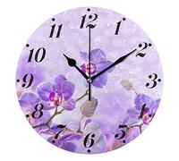 FJAUOQ Orologio da parete floreale viola con orchidee tropicali Orologio decorativo rotondo a batteria da 9,8 pollici per l'ufficio scolastico della cucina