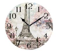 FJAUOQ Romantico rosa Parigi Street Scene Orologio da Parete 9.5 In Non-Ticking Orologi Silenziosi Rotonda Bagno Orologio Batteria