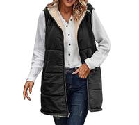 FJKVAVF Gilet reversibile da donna 2023 autunno giacca senza maniche con zip con cappuccio tasche lungo caldo cappotto invernale capispalla giacca senza maniche da donna in pile Gillet gilet giacche