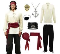FJKVKDT Costume da pirata da uomo, set completo, costume medievale | Set con colletto alto, camicia con lacci, pantaloni e 8 accessori da pirata. Ideale per Halloween, carnevale e feste a tema