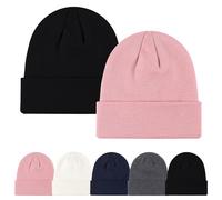 Fjquamitix 2 confezioni di berretti unisex in maglia invernale, caldi, per uomini e donne, Classic Soft Cuffed Plain Skull Cap, nero + rosa., Taglia unica