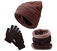 Fjquamitix Set di 3 Pezzi Cappello Sciarpa Guanti per Bambini, Cappello Beanie Invernale in Maglia Foderato in Pile Scaldacollo Guanti Touch Screen per Ragazze e Ragazzi, Caff, Taglia unica