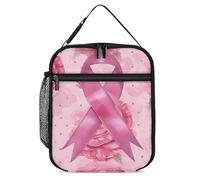 FJQWKLF Borsa per il pranzo con nastro per la consapevolezza del cancro al seno con rose, borsa per il pranzo isolata, riutilizzabile, per il pranzo, per ufficio, lavoro, spiaggia o viaggio